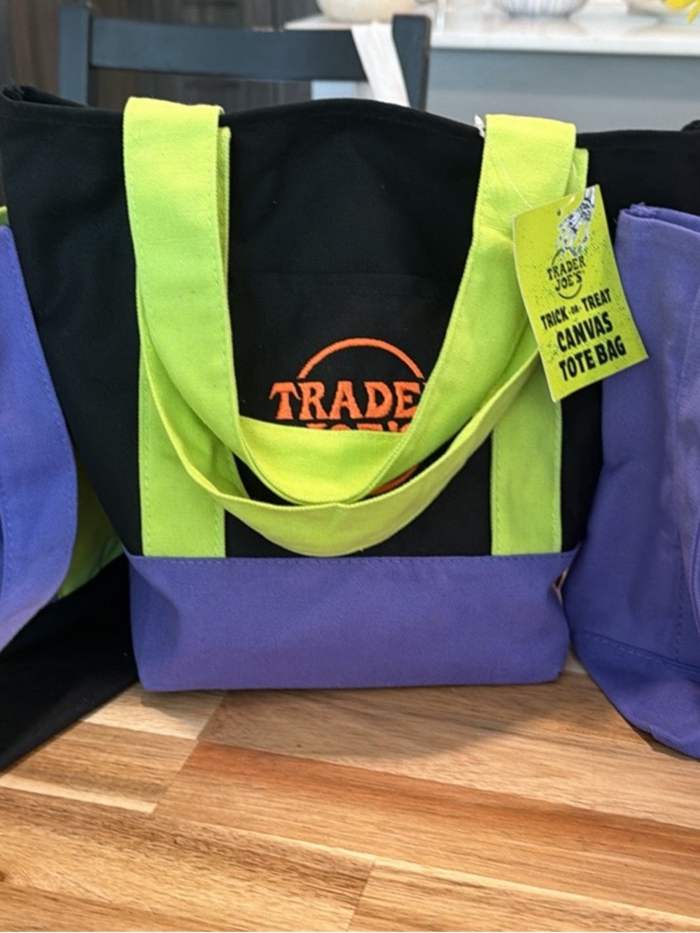 Trader Joe's Black Canvas Mini Tote with Purple Base & Lime Handles